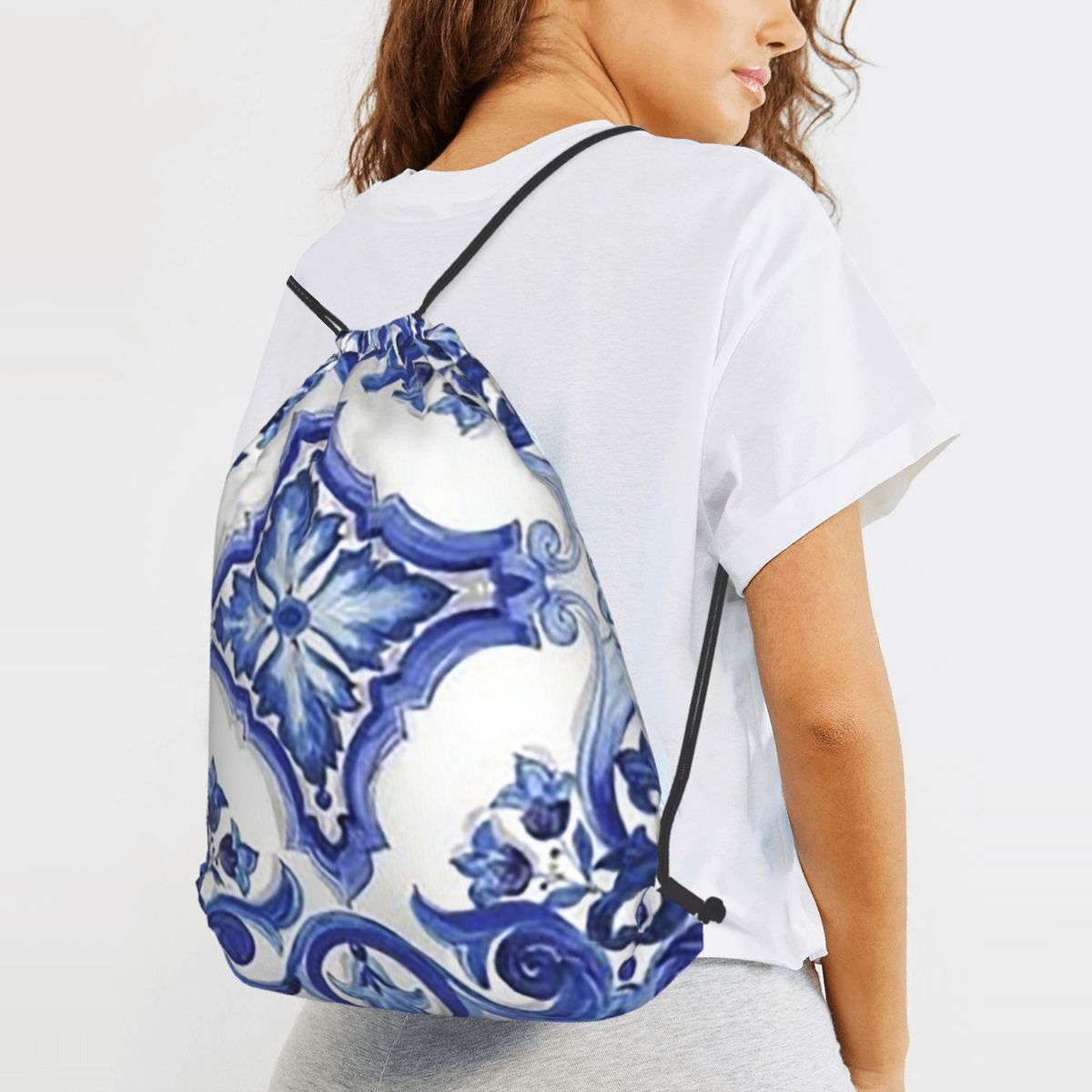 Blue Ornate Floral Mediterrane - Tile Bag Drawstring review and price
