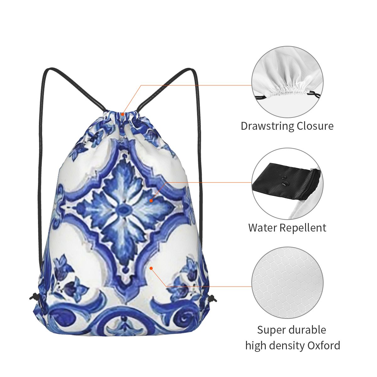 Blue Ornate Floral Mediterrane - Tile Bag Drawstring review and price
