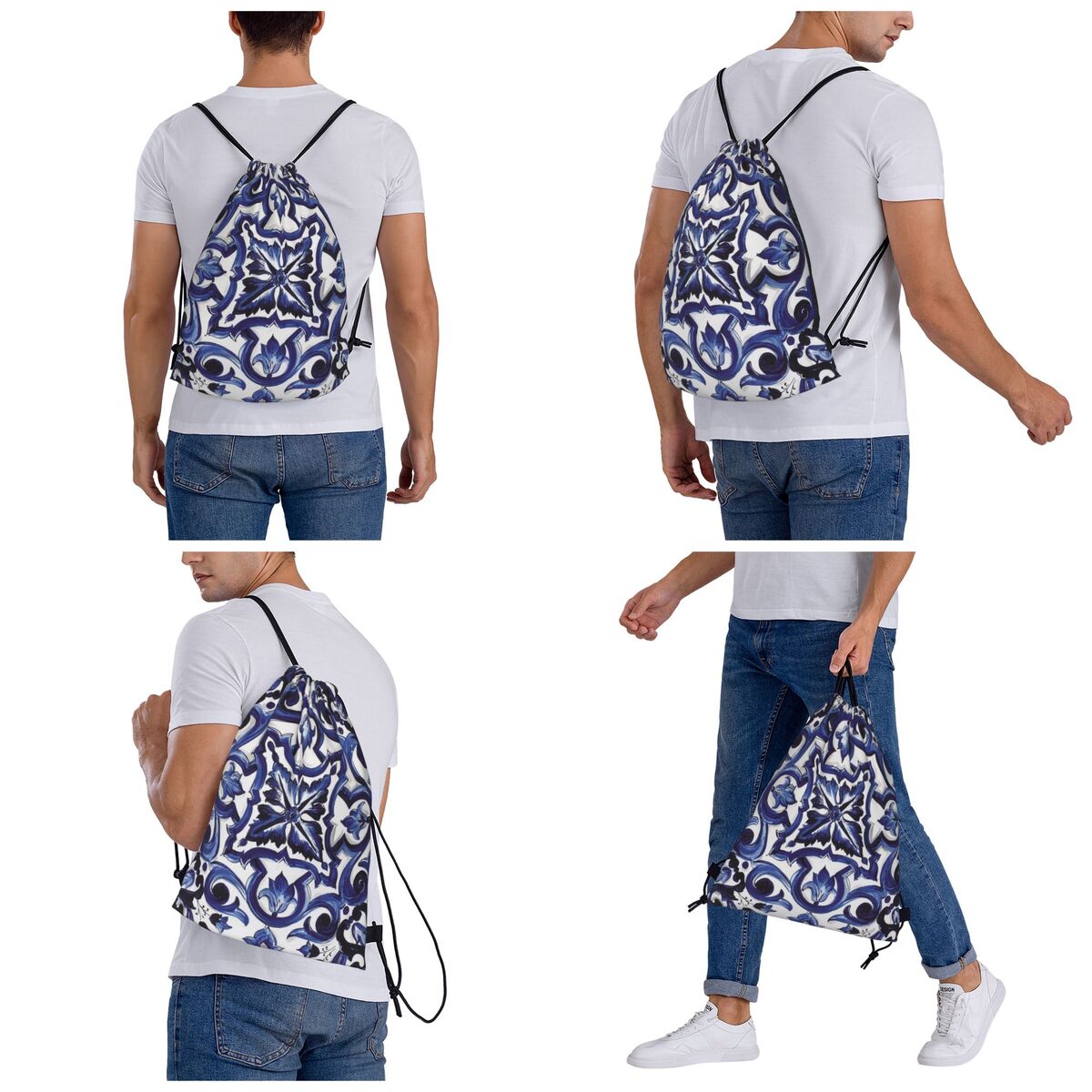 Blue Ornate Floral Mediterrane - Tile Bag Drawstring review and price