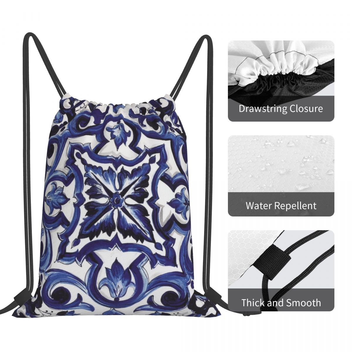 Blue Ornate Floral Mediterrane - Tile Bag Drawstring review and price