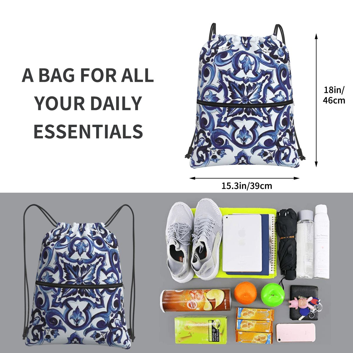 Blue Ornate Floral Mediterrane - Tile Bag Drawstring review and price