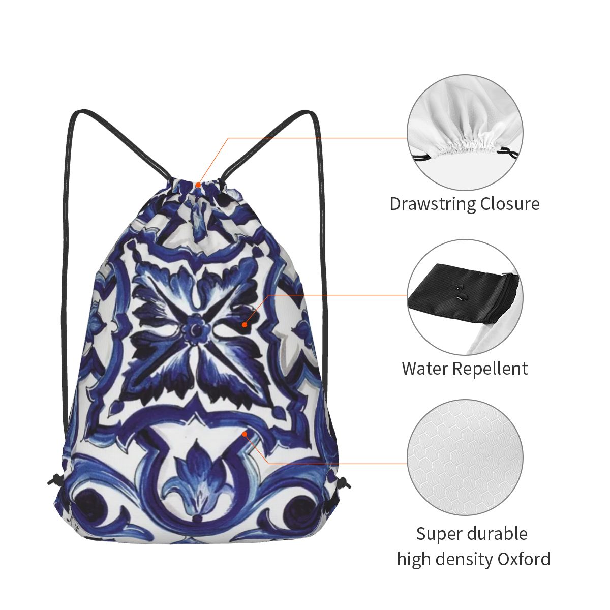 Blue Ornate Floral Mediterrane - Tile Bag Drawstring review and price