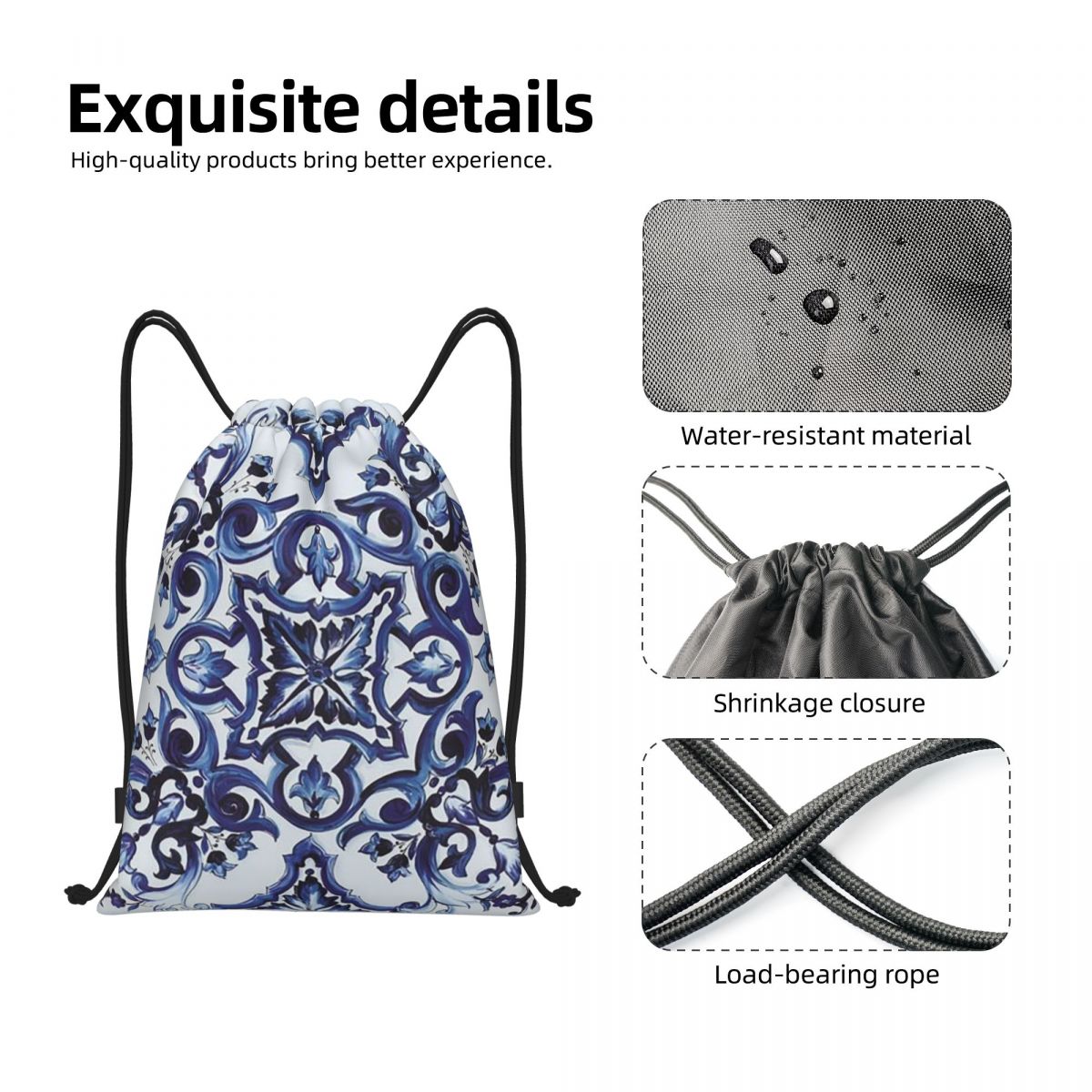 Blue Ornate Floral Mediterrane - Tile Bag Drawstring review and price