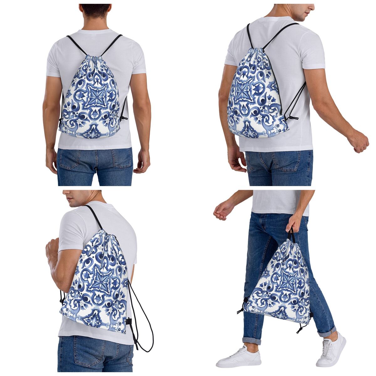 Blue Ornate Floral Mediterrane - Tile Bag Drawstring review and price